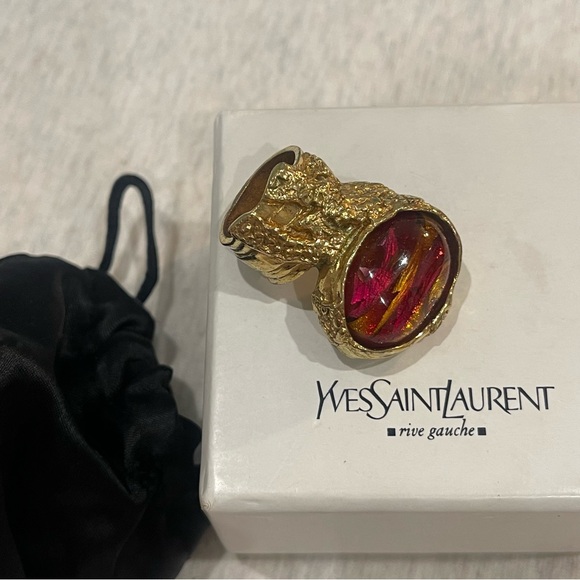 Yves Saint Laurent Jewelry - Yves Saint Laurent Gold Ring with Vibrant Red Accent Vintage YSL Cabachon Ring